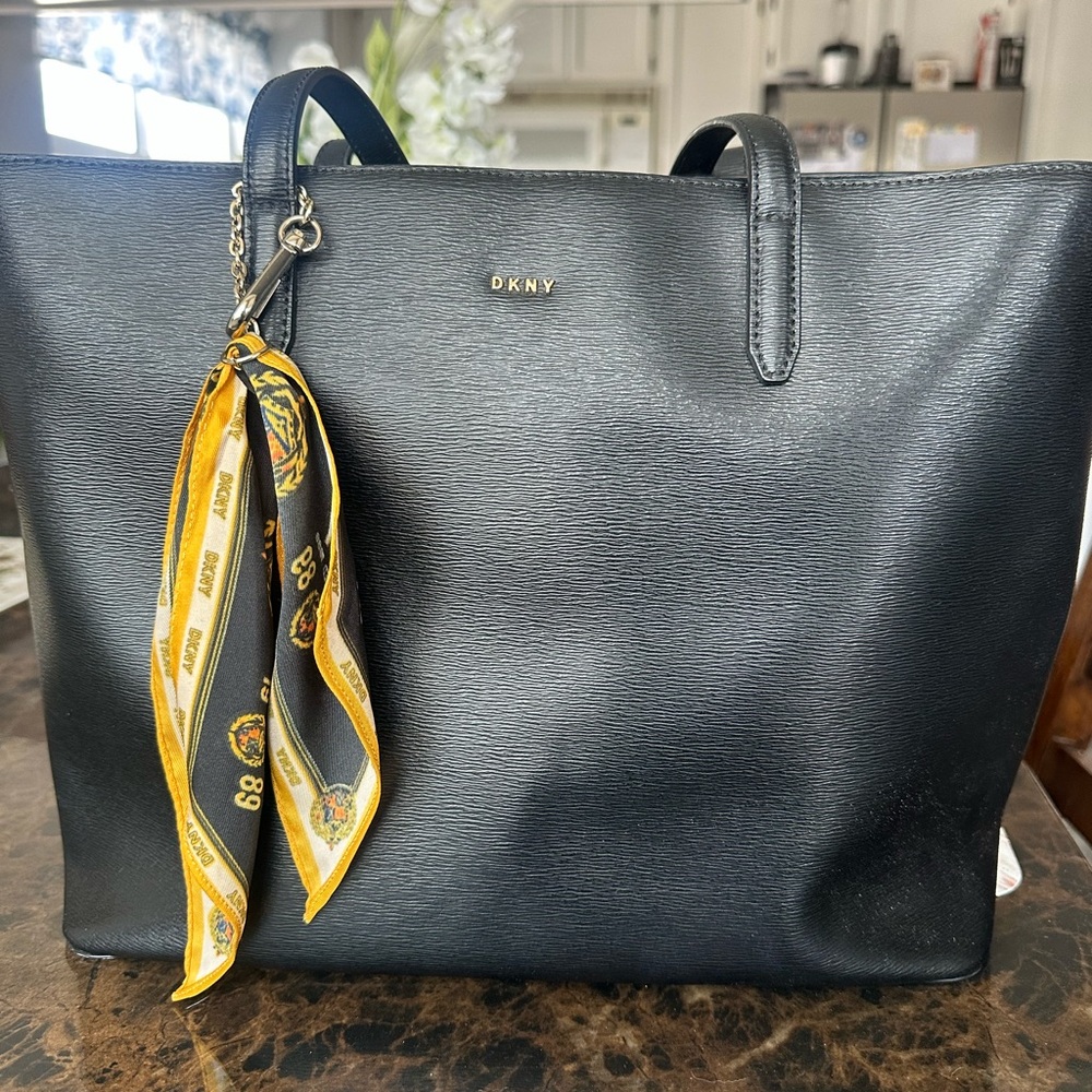 DKNY Black Tote Bag with Scarf Accent
